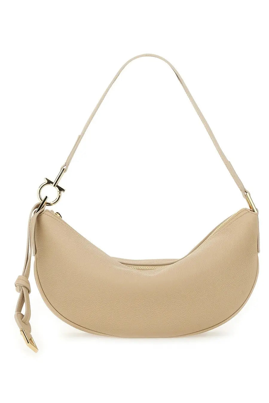 Ferragamo women’s beige leather hobo bag with gold-tone hardware and braided strap detail crescent shoulder bag