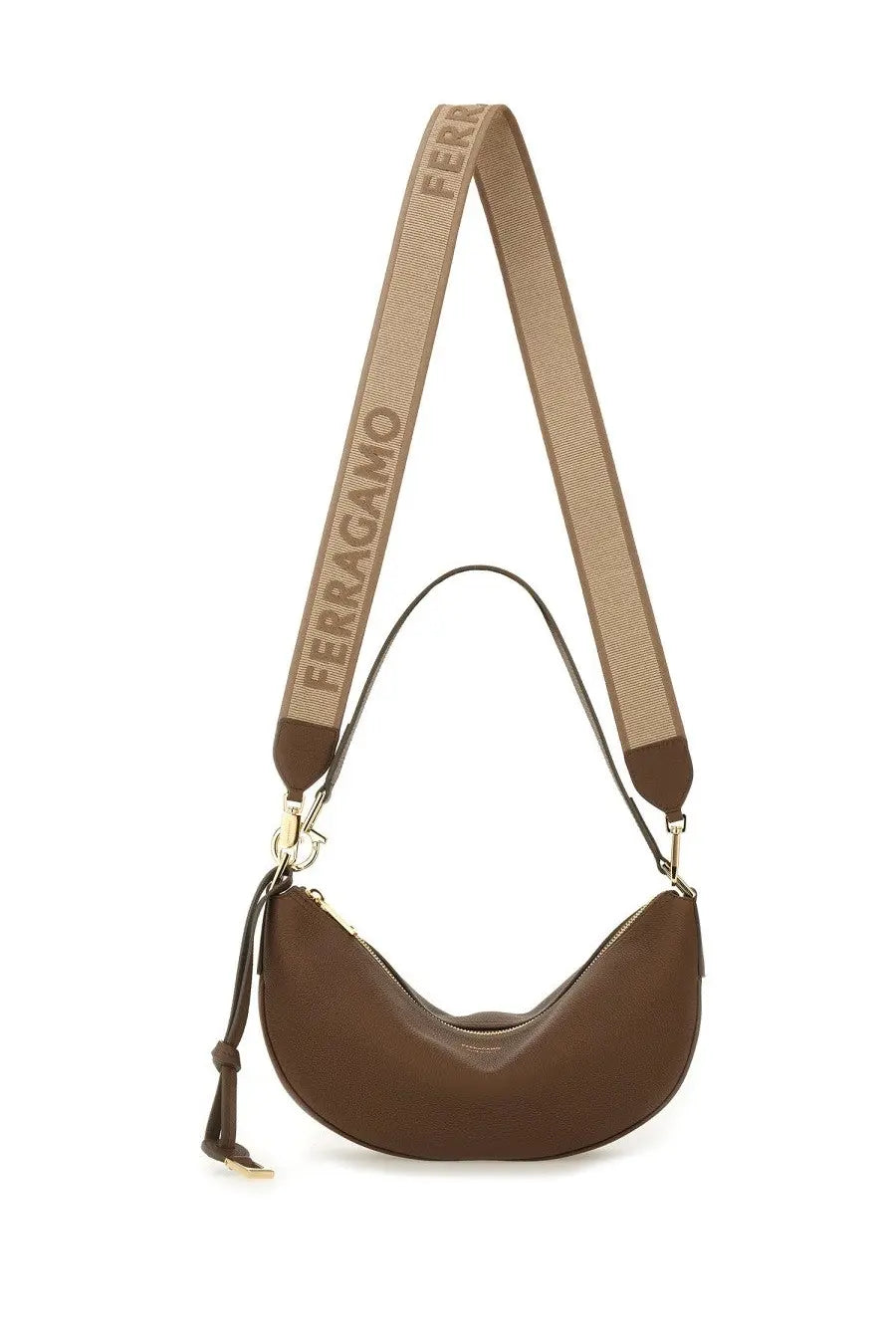 Ferragamo womens brown leather crescent hobo bag with tan woven ferragamo strap and gold-tone hardware