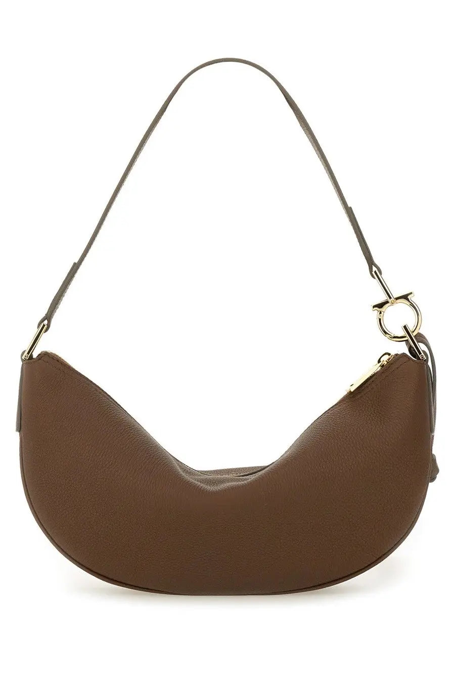 Ferragamo women’s hobo bag brown made of brown leather with crescent shape slender strap and gold tone hardware