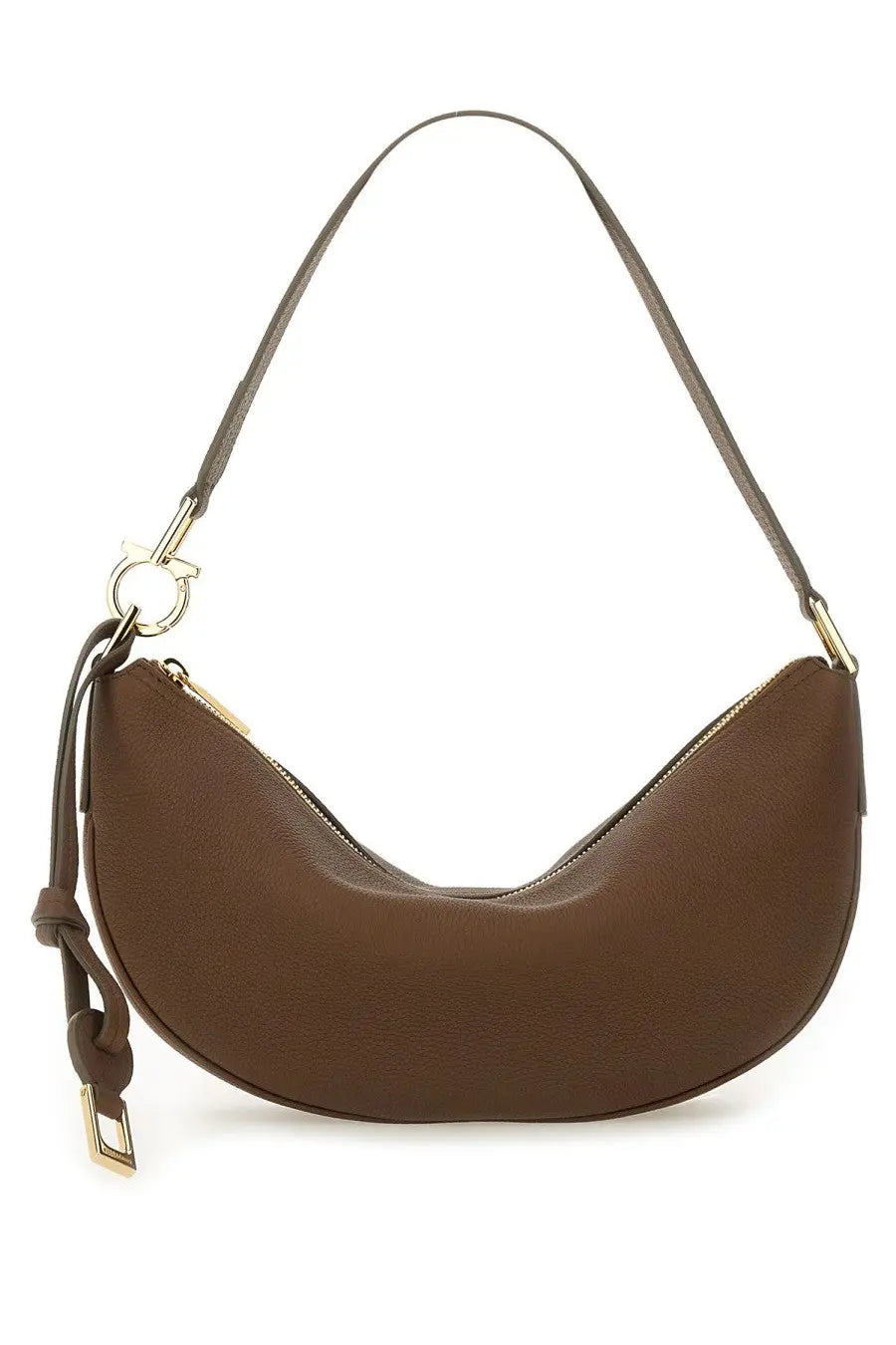 Ferragamo womens brown leather hobo bag with gold-tone hardware and distinctive curved shape