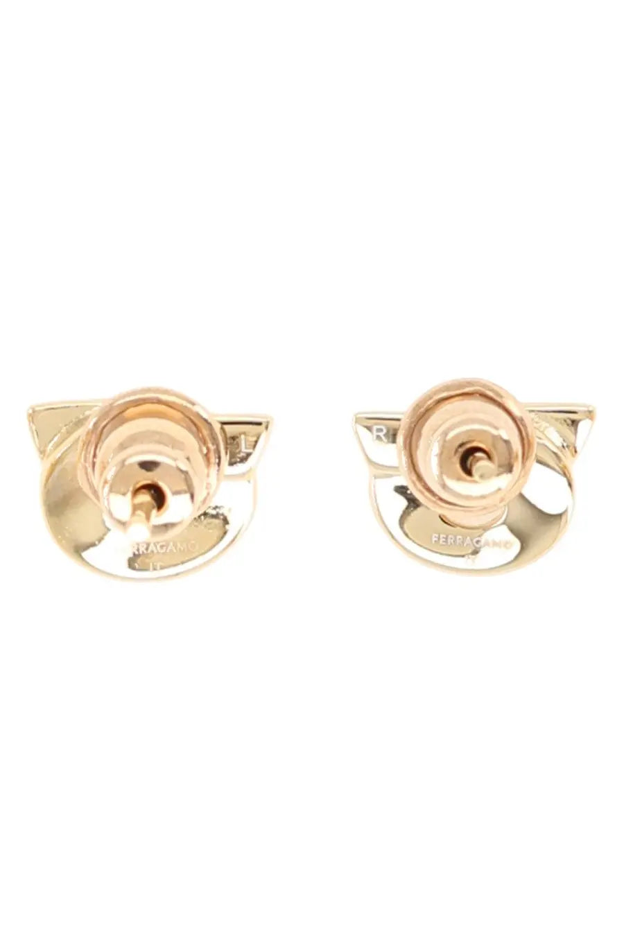 Ferragamo women’s hooks earrings gold featuring rose gold cat-shaped studs with polished metallic finish and minimalist design