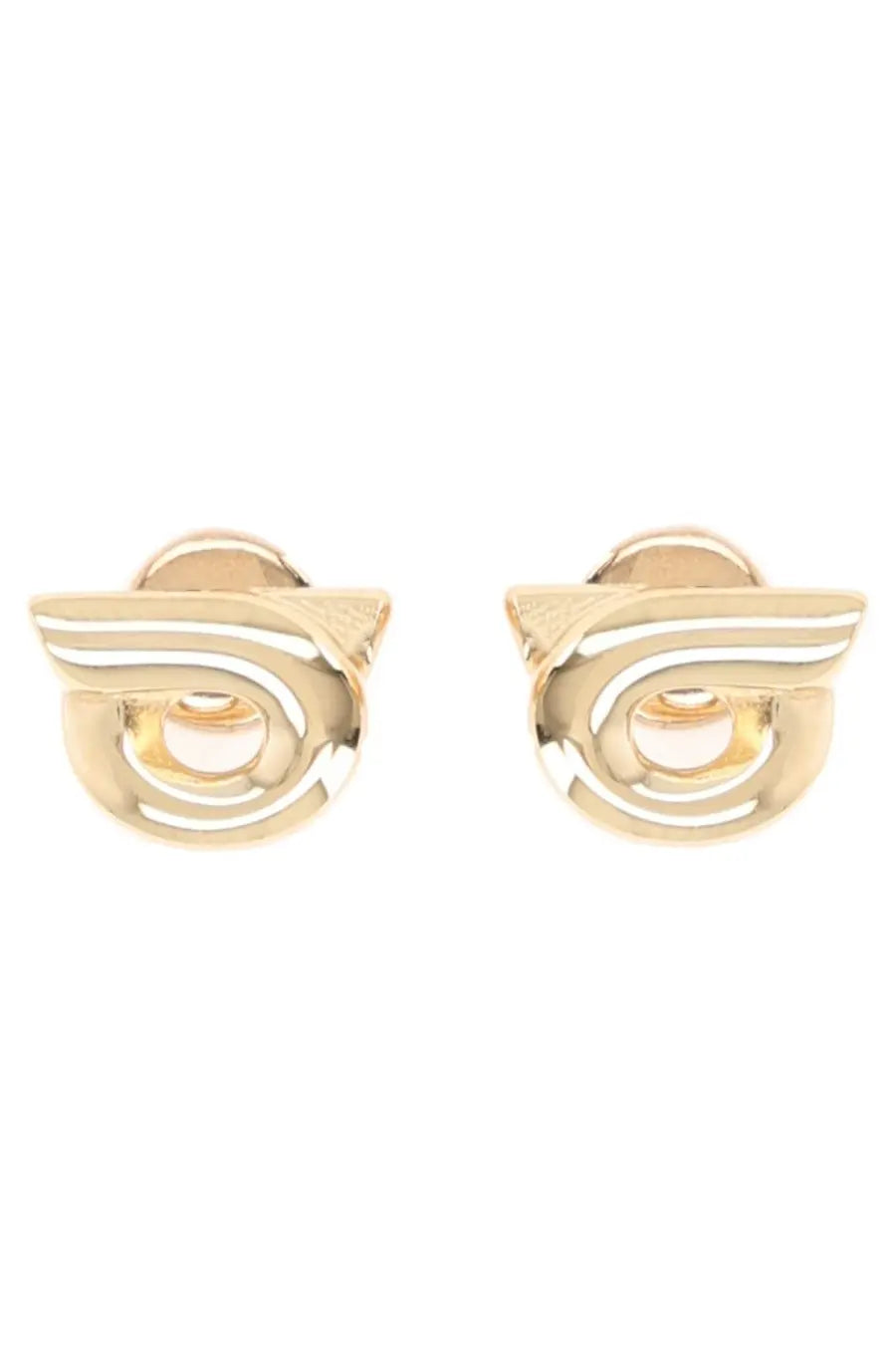 Ferragamo women’s gold-toned stud earrings with abstract wing design and polished concentric circular patterns