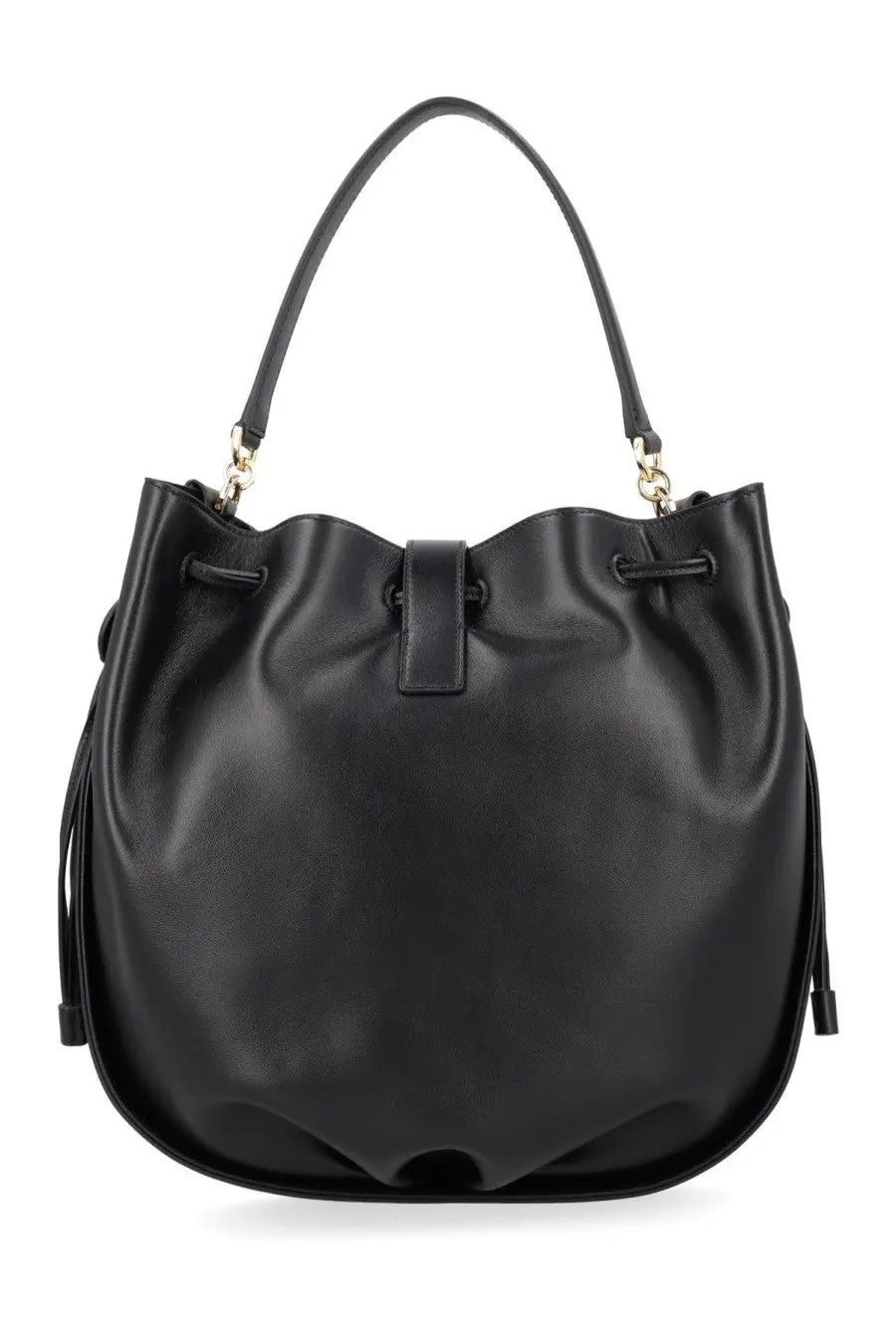 Ferragamo women’s hug bucket bag black leather with gold tone hardware and drawstring closure