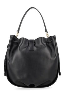 Ferragamo women’s hug bucket bag black leather with gold tone hardware and drawstring closure