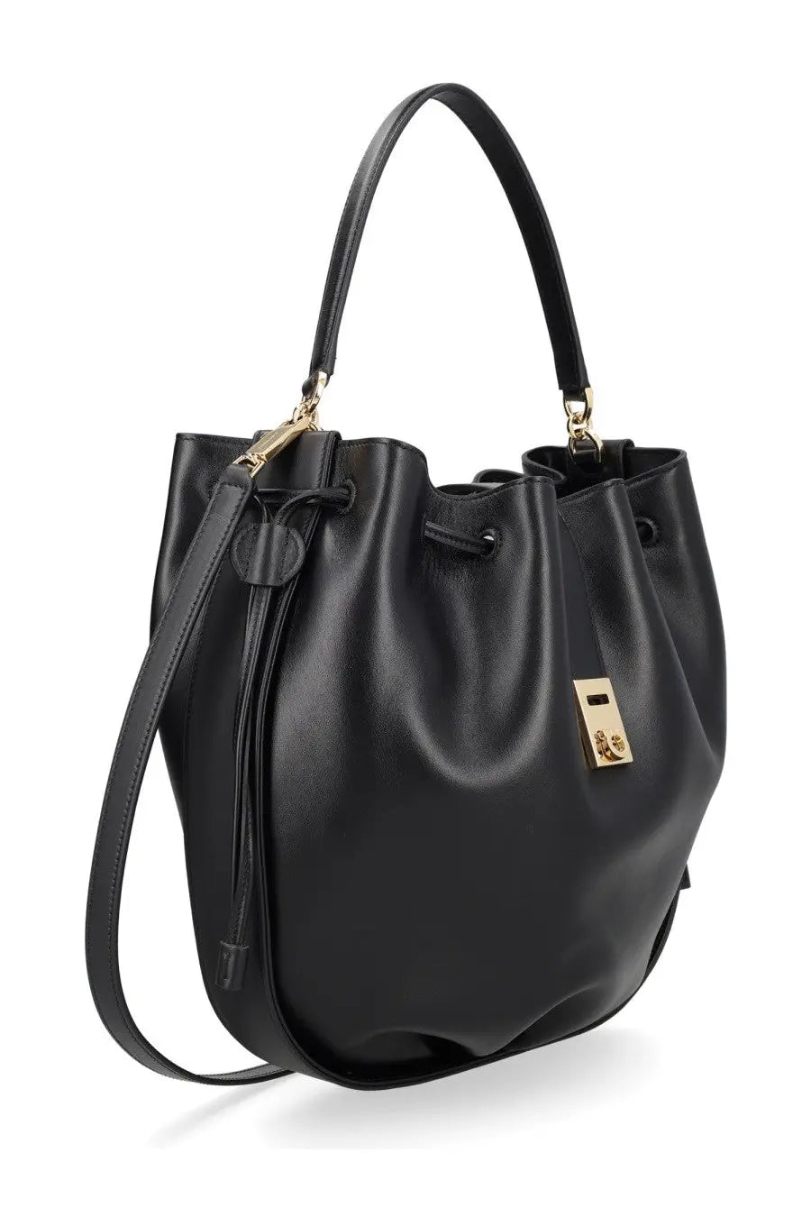 Ferragamo women’s hug bucket bag in black leather with gold-tone hardware and drawstring closure