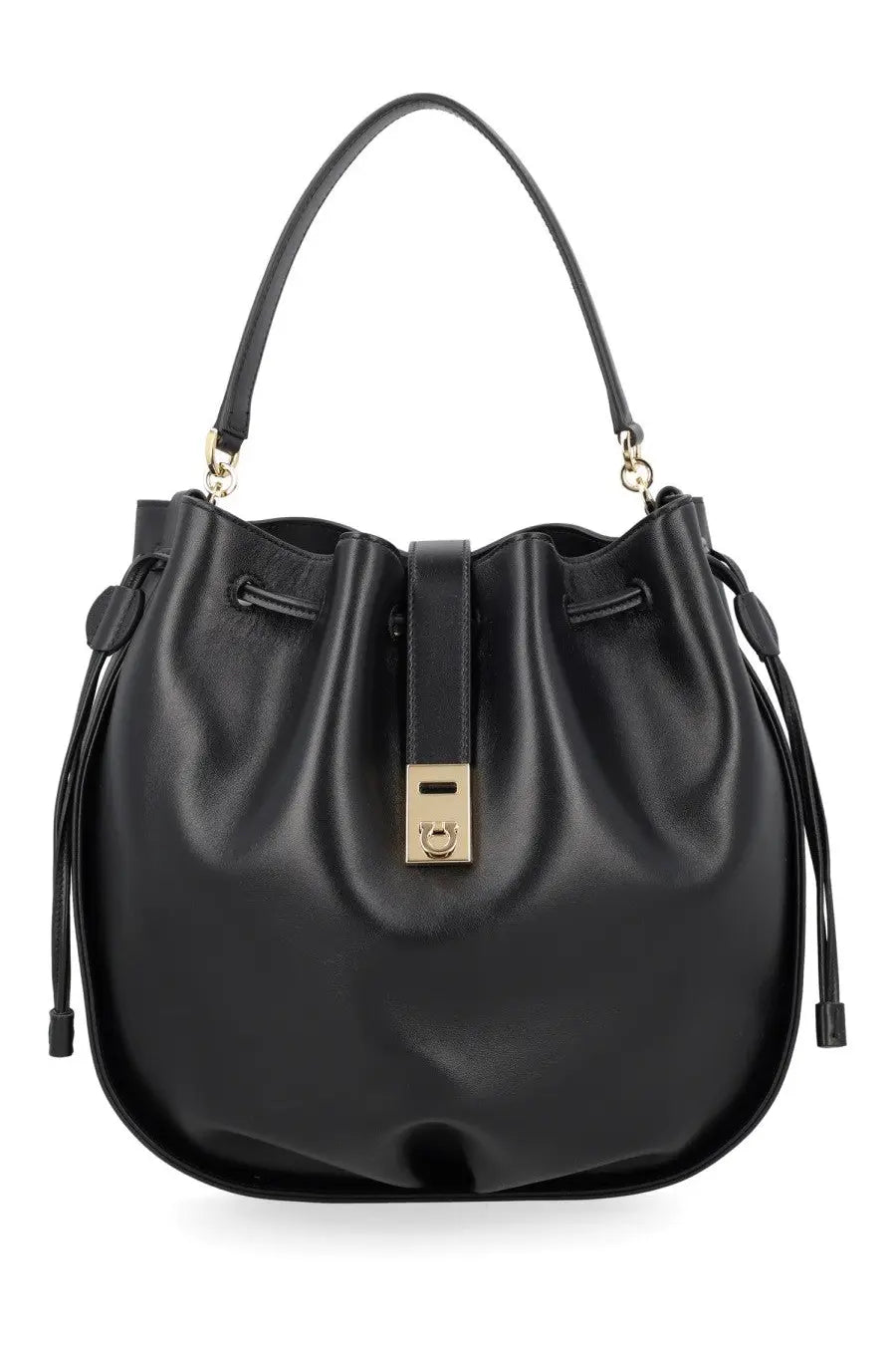 Ferragamo women’s hug bucket bag in black leather with gold-tone hardware and drawstring closure