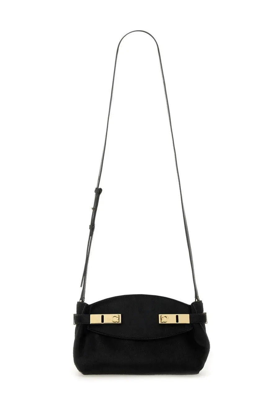 Ferragamo women’s hug soft black leather crossbody bag with gold-tone hardware and minimalist design