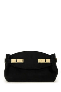 Ferragamo women’s hug soft bag black suede clutch with gold-tone hardware and distinctive double-strap closure