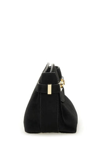 Ferragamo women’s hug soft bag black black suede handbag with gold-tone hardware and rectangular buckle front view