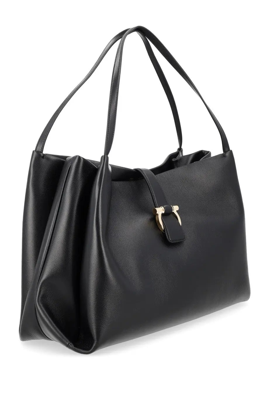 Ferragamo women’s large black leather tote bag with gold-tone metal clasp for everyday use
