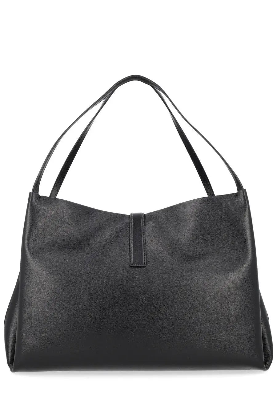 Ferragamo women’s large black leather tote bag with slender handles and minimalist front flap closure