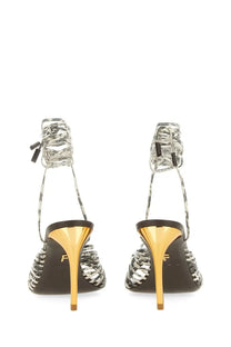 Ferragamo women’s leather sandal with silver and black woven strap and gold-tone heels in a sleek modern design