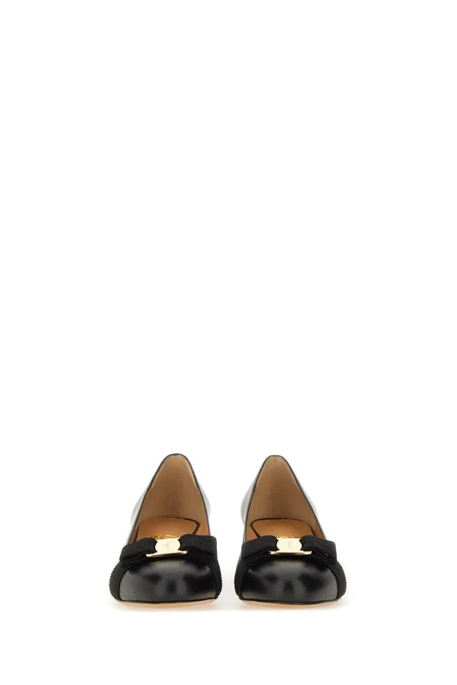 Ferragamo women’s leather vara shoe black patent leather ballet flats with gold-tone buckle and black ribbon detail