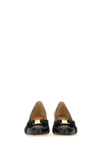 Ferragamo women’s leather vara shoe black patent leather ballet flats with gold-tone buckle and black ribbon detail