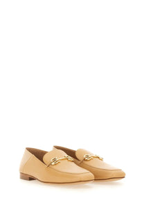 Beige leather Ferragamo women’s loafer Louis with gold-tone chain-link buckle for stylish comfort