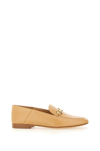 Ferragamo women’s loafer louis beige tan leather with gold-tone chain-link buckle elegant slip-on shoe