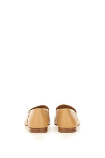 Ferragamo women’s loafer louis beige tan leather with sleek minimalist design and low-profile brown soles