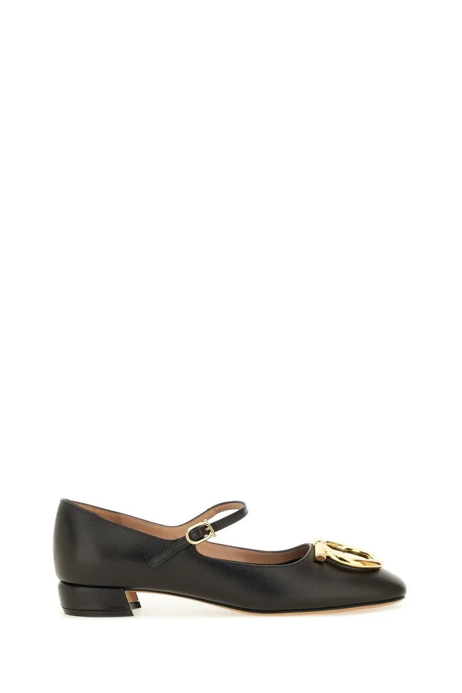 Ferragamo women’s black leather mary jane flat shoe with gold-tone circular buckle at the toe