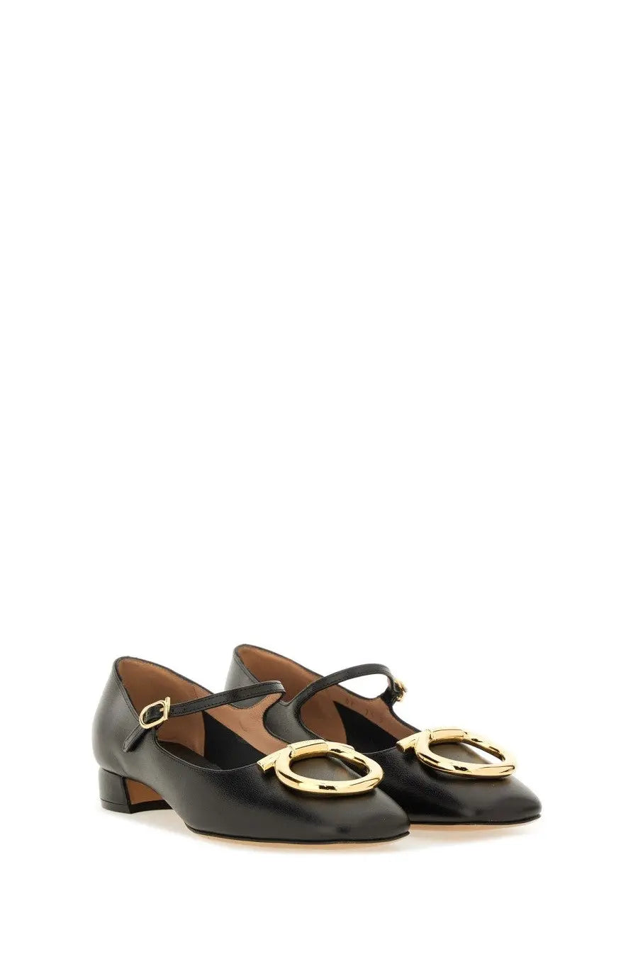 Ferragamo women’s black leather mary jane flats with gold-tone circular buckle details