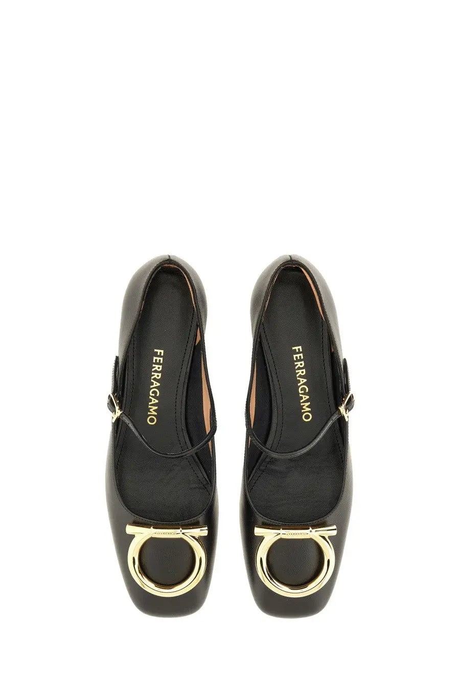 Black leather ferragamo womens mary jane maxi gancini flats with gold tone circular buckles