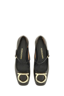 Black leather ferragamo womens mary jane maxi gancini flats with gold tone circular buckles