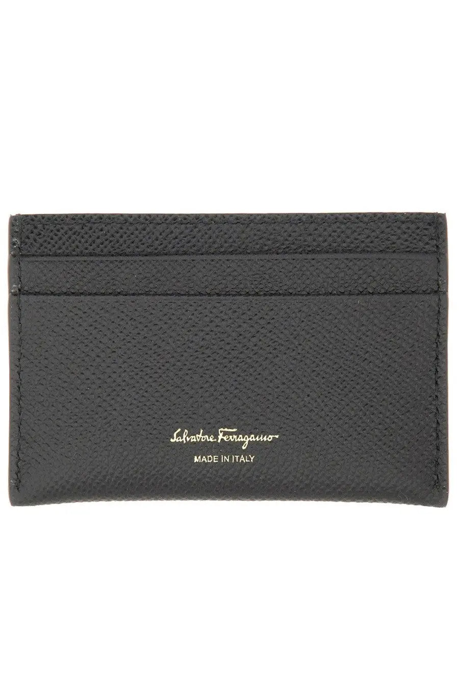 Ferragamo women’s porta carte gancini black leather card holder with textured surface and gold-tone embossed branding