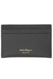 Ferragamo women’s portacarte gancini black leather card holder with textured surface and gold-tone embossed branding