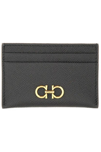 Ferragamo womens portacarte gancini black leather card holder with gold-tone gancio logo clasp