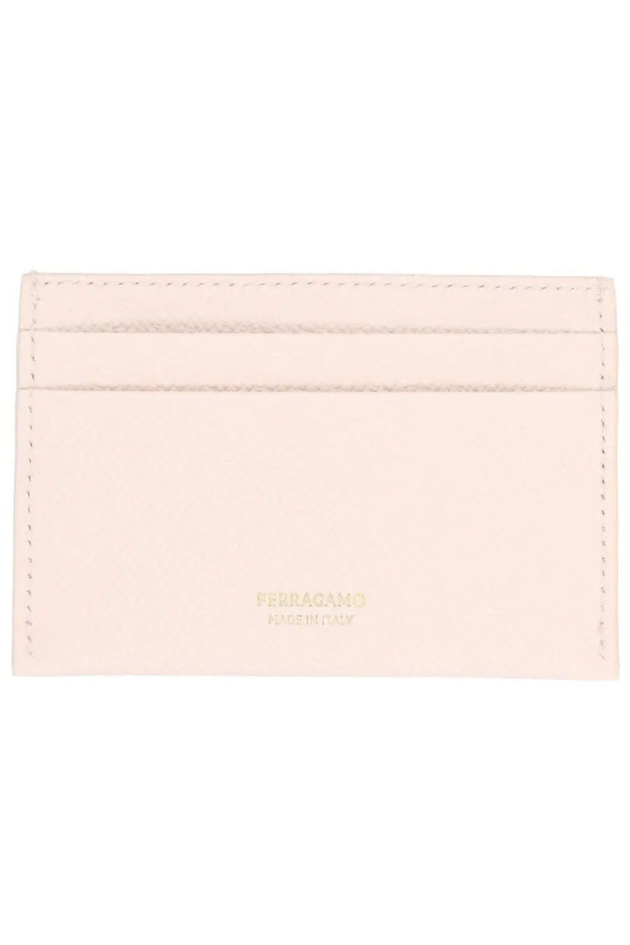Ferragamo women’s portacarte gancini pink pale pink leather card holder with precise stitching and gold embossed logo