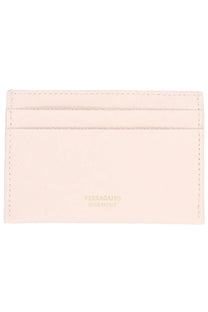Ferragamo women’s portacarte gancini pink pale pink leather card holder with precise stitching and gold embossed logo