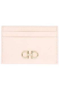 Ferragamo women’s portacarte gancini pink pale pink leather card holder with signature gold-tone metal clasp