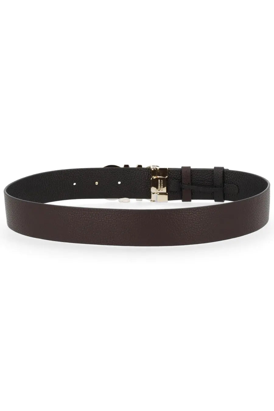 Ferragamo women’s reversible hooks belt in brown leather with a black leather strap and gold-tone adjustable buckle
