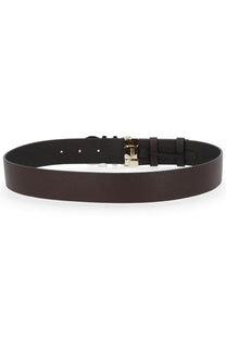 Ferragamo women’s reversible hooks belt in brown leather with a black leather strap and gold-tone adjustable buckle
