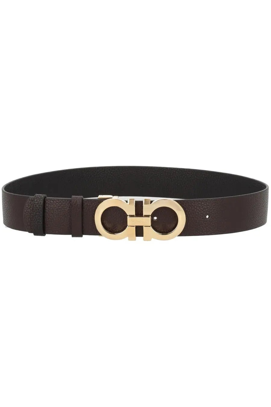 Ferragamo women’s reversible hooks belt in dark brown leather with gold-toned double-G logo buckle
