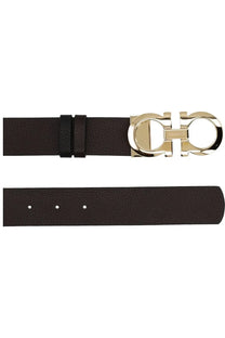 Ferragamo women’s reversible brown leather belt with polished gold-tone double g buckle and engraved logo