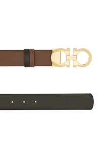 Ferragamo women’s reversible hooks belt brown leather with gold-tone double g buckle and black accent stripe