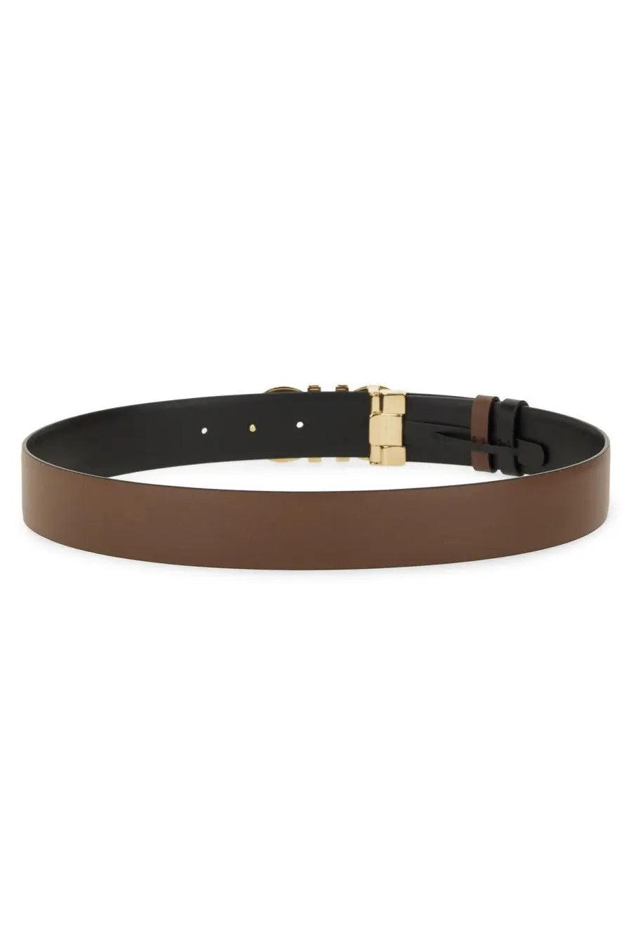 Ferragamo womens reversible hooks belt in brown leather with gold tone buckle and black inner lining