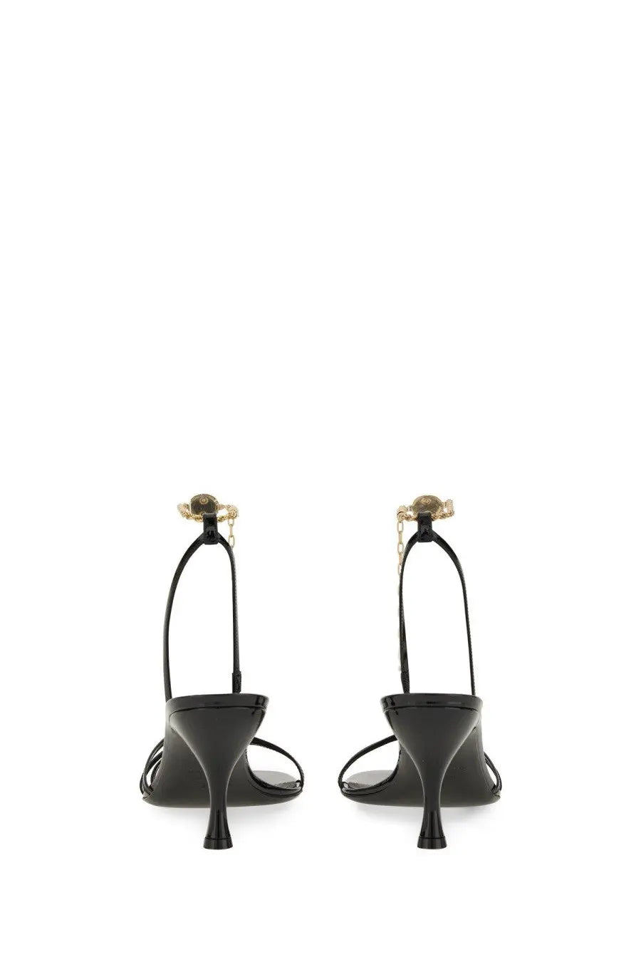 Ferragamo women’s black patent leather sandals with gold-tone chain and decorative clasp detail