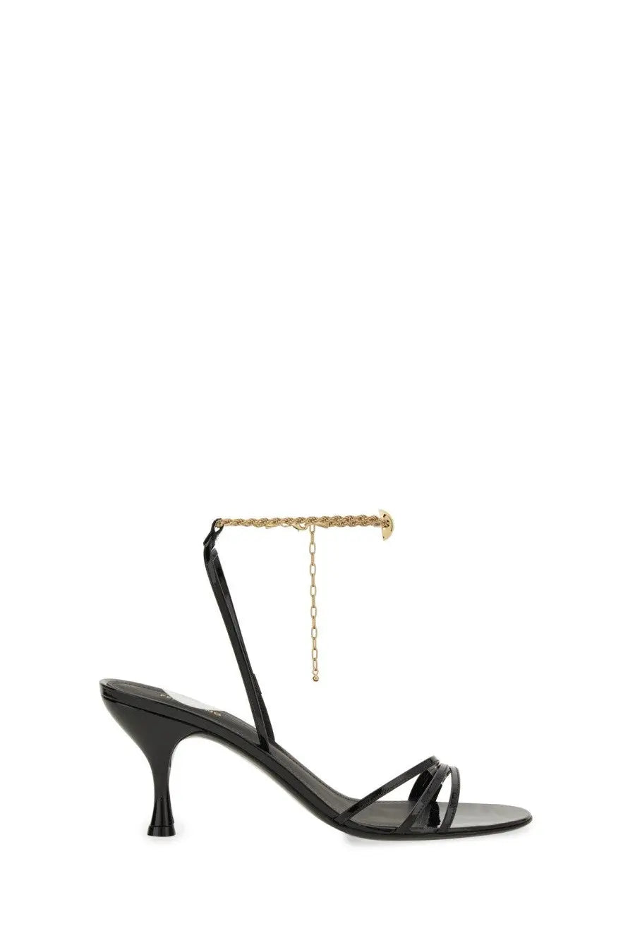 Ferragamo women’s black patent leather strappy sandal with gold-toned chain and bar ankle strap