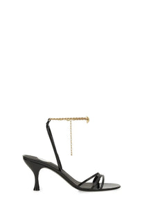Ferragamo women’s black patent leather strappy sandal with gold-toned chain and bar ankle strap