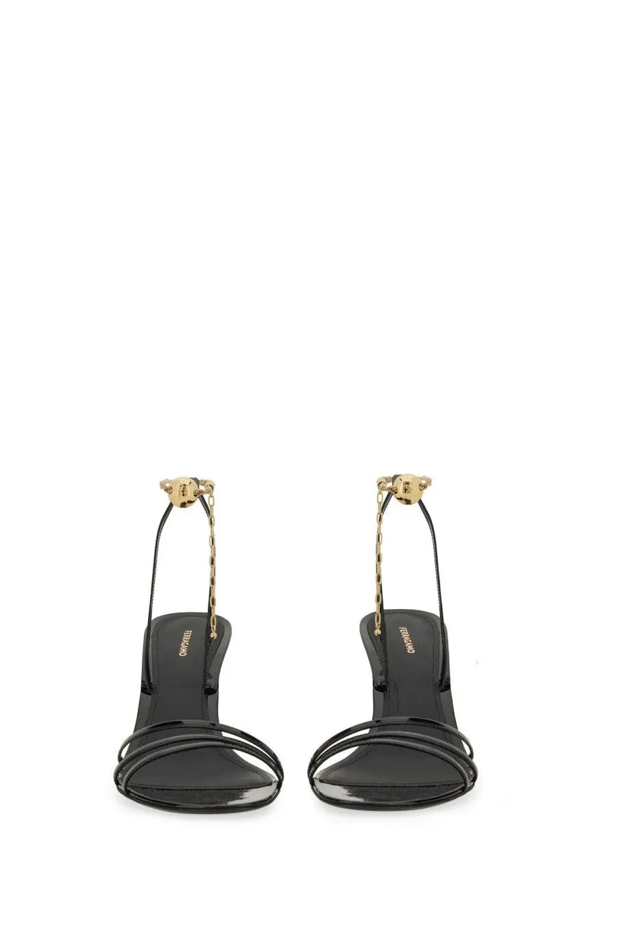 Ferragamo women’s black patent leather strappy sandals with gold-tone chain detailing and logo charm at ankle strap