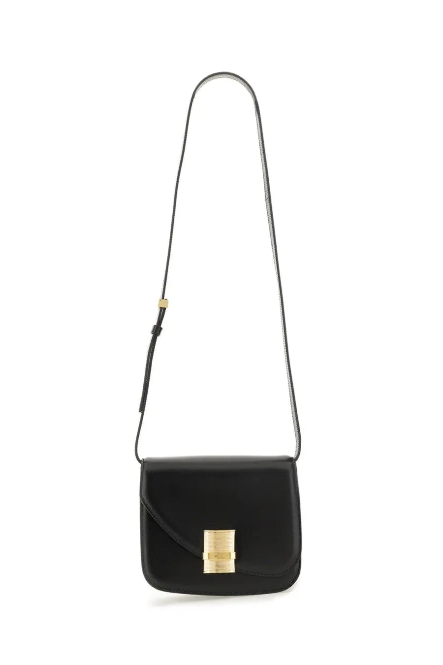 Ferragamo women’s black leather crossbody shoulder bag with gold tone rectangular clasp and matching strap