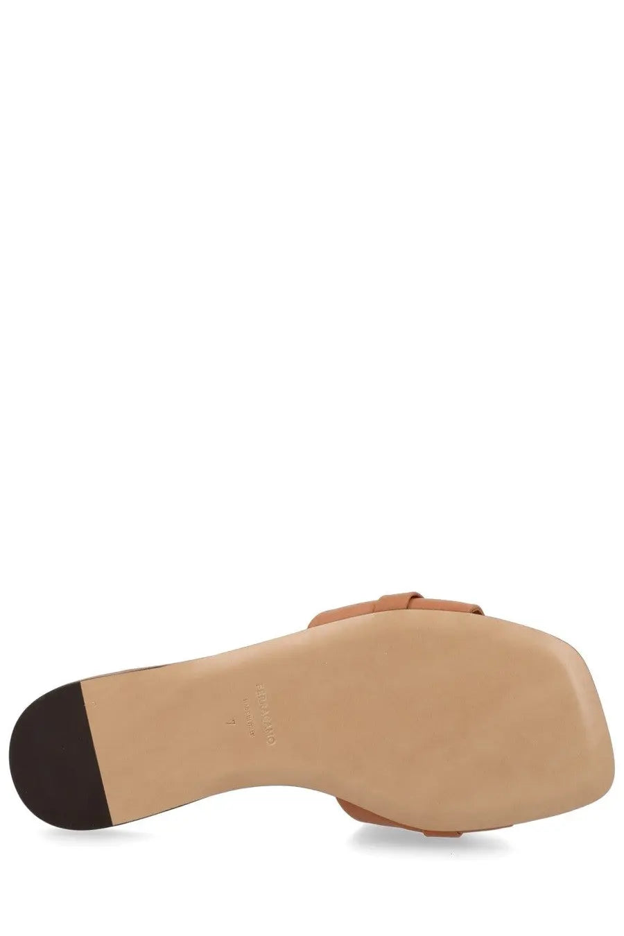 Ferragamo women’s slide gancini in beige tan leather with square heel and minimalist mule sandal design