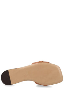 Ferragamo women’s slide gancini in beige tan leather with square heel and minimalist mule sandal design