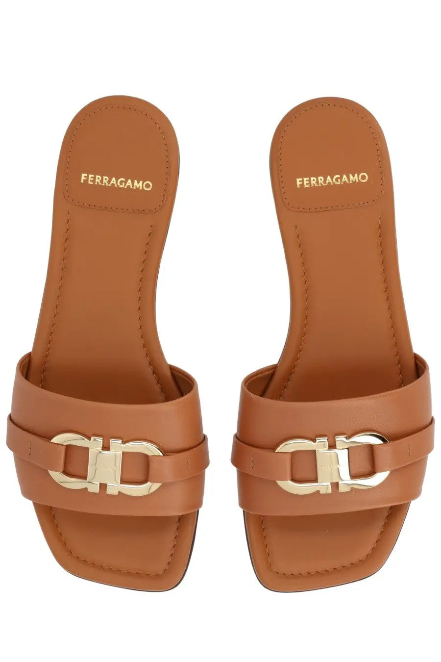 Ferragamo women’s slide gancini beige tan leather sandals with gold-tone metal clasp featuring gancini logo