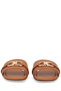 Ferragamo women’s slide sandals in tan leather with a gold-tone gancini buckle in beige