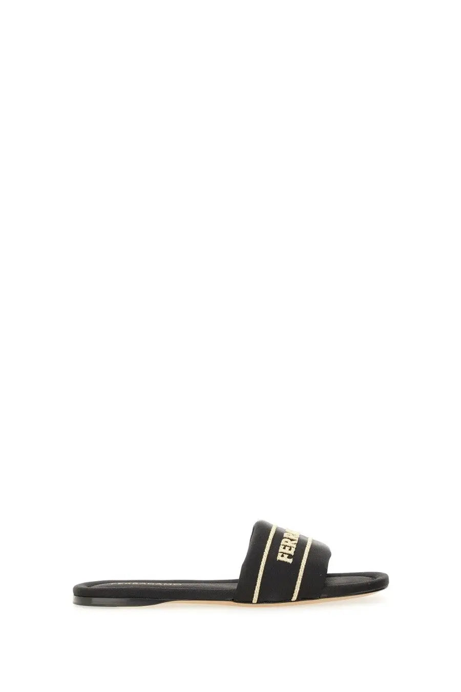Ferragamo women’s black slide sandal with gold-tone lettering and trim for stylish casual wear