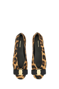 Ferragamo women’s vara ballerina leopard print flats with black satin bows and gold-tone hardware
