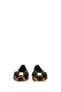 Ferragamo women’s vara ballerina leopard print flat shoes with black bows and gold tone hardware