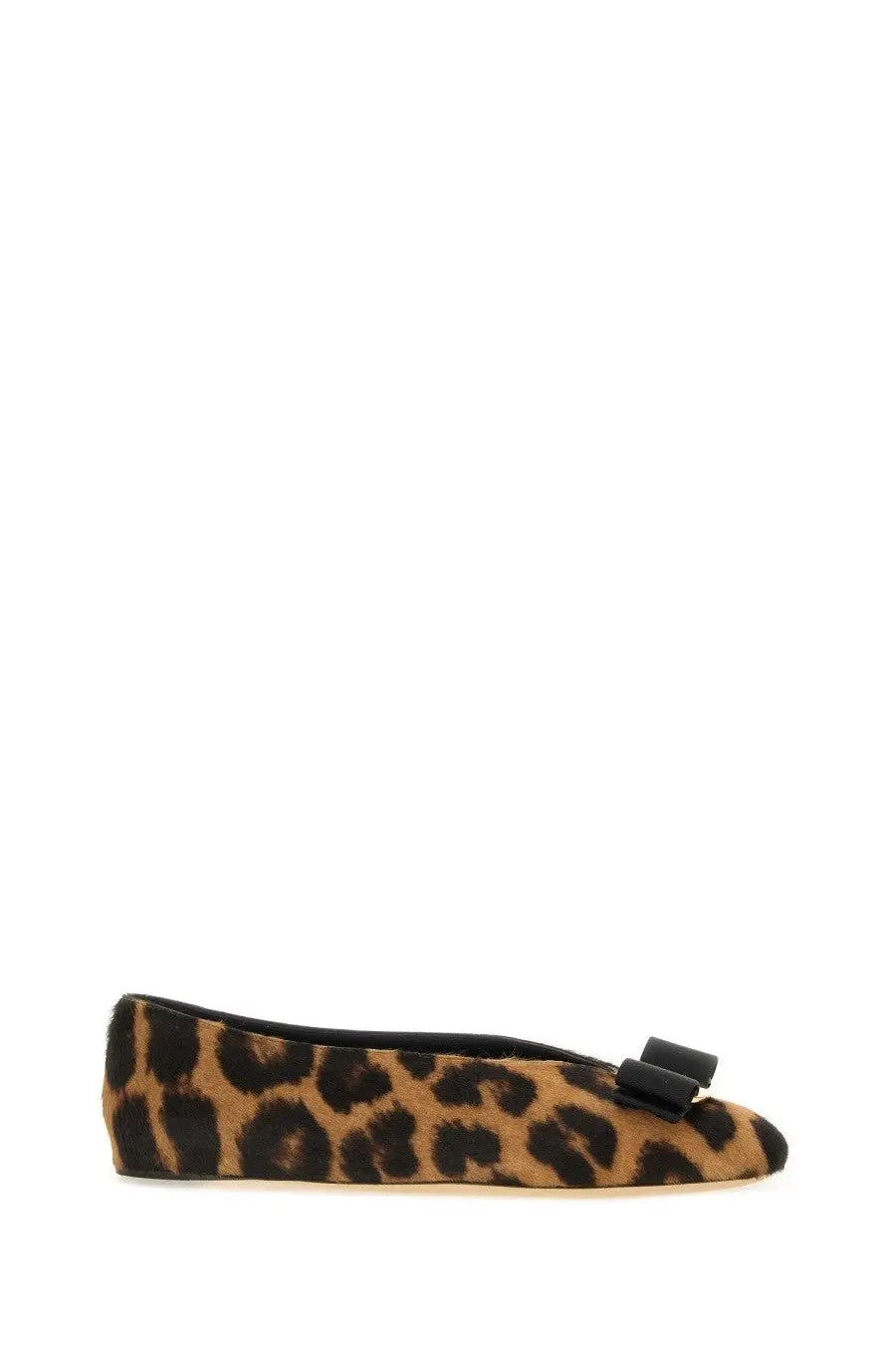 Ferragamo women’s Vara ballerina flat shoe in tan and black leopard print with a small black bow at the toe